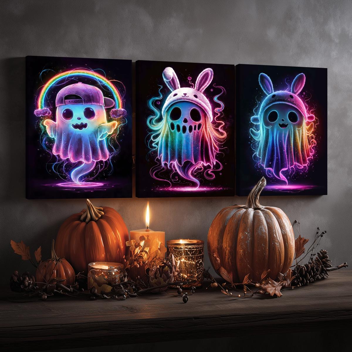 3 Counts Wooden Framed Canvas, Rainbow Ghost Poster, Halloween Home Poster, Halloween Party Decorations, Living Room And Bedroom Hanging Paintings, Horror Theme, Interesting Posters, Exquisite Gifts, High-Definition Art