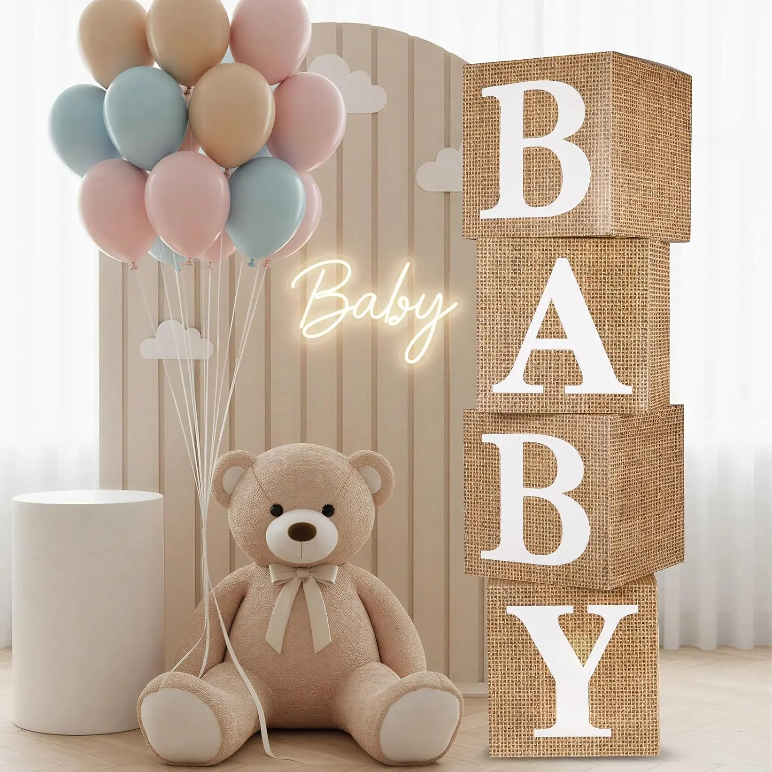 4pcs Rustic Farmhouse Boho Burlap Print Balloon Boxes with Letters - Baby Shower, Gender Reveal Decoration Backdrop Photo Props (Baby & Maternity Accessory)
