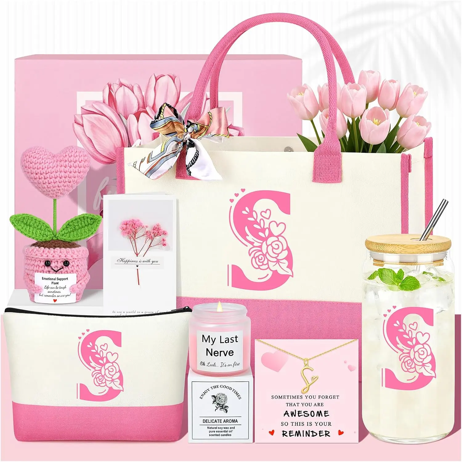 Personalized Monogrammed Customized  Birthday Gifts for Women, Initial S Birthday  Basket for Women  Day Christmas Valentines Day Ideas Present for Her Set of 7