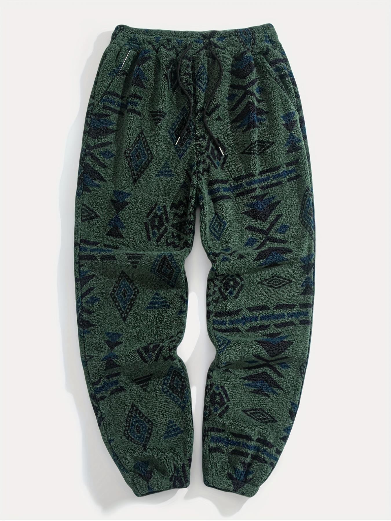 Men's Random Ethnic Pattern Drawstring Waist Thermal Pants, Loose Casual Pocket Design Bohemian Street Trousers for Fall & Winter, Men's Bottoms for Daily Wear