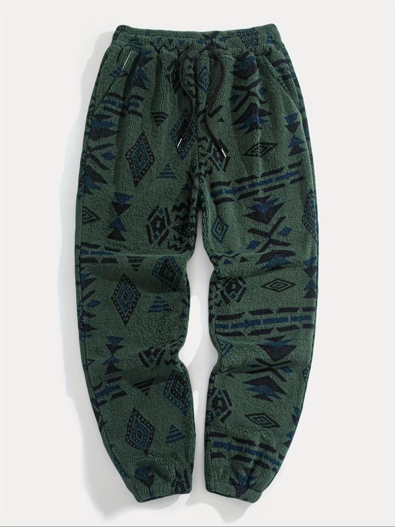Men's Random Ethnic Pattern Drawstring Waist Thermal Pants, Loose Casual Pocket Design Bohemian Street Trousers for Fall & Winter, Men's Bottoms for Daily Wear