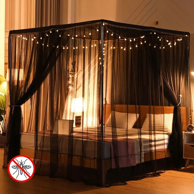 Black Mosquito Net for Bed, Mosquito Proof Net, Anti Mosquito Bed Canopy, Mosquito Net for Double Bed, 4 Corner Bed Canopy, Square Mosquito Net Set, Full Coverage Bed Canopy, Breathable Mesh, Indoor & Outdoor Use assorted colors