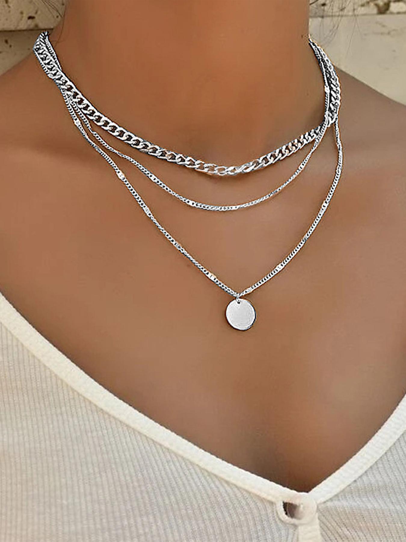 Women's Summer 2024 Plain Round Decor Layered Necklace, Dainty Layering Jewelry, Minimalist Elegant Boho Style Geometric & Chain Design Layer Set Necklace, Fashion All-match Necklace