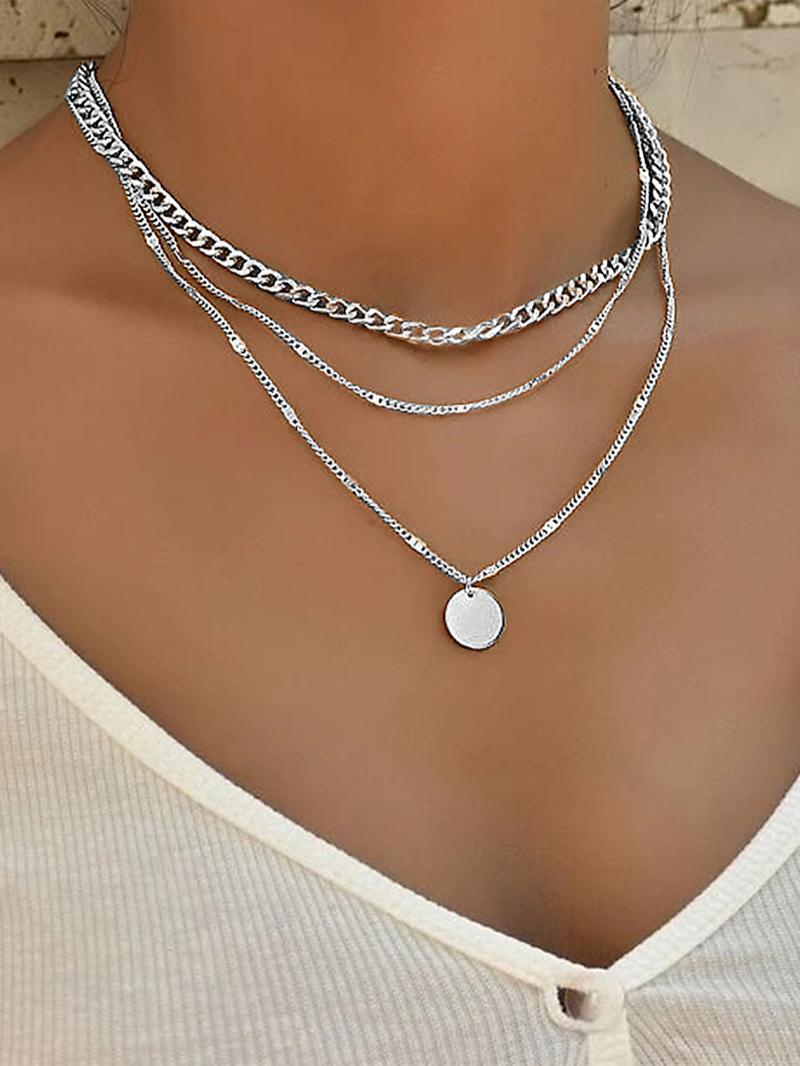 Women's Summer 2024 Plain Round Decor Layered Necklace, Dainty Layering Jewelry, Minimalist Elegant Boho Style Geometric & Chain Design Layer Set Necklace, Fashion All-match Necklace
