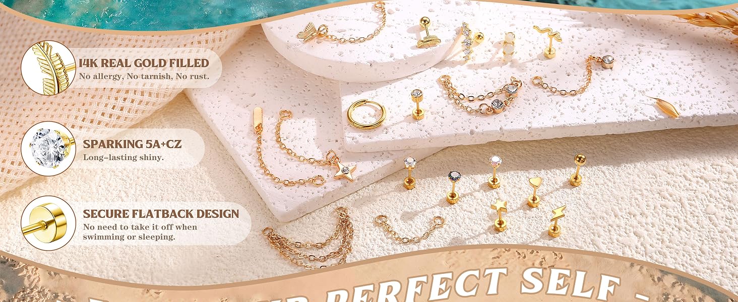 LOLIAS 33Pcs 20G Cartilage Earrings Set for Women Men Surgical Steel Helix Earrings Cute CZ Opal Star Heart Snake Small Hypoallergenic Flat Back Stud Earrings Hoop Chain Dangle Conch Daith Helix Tragus Cartilage Piercing Jewelry Stack