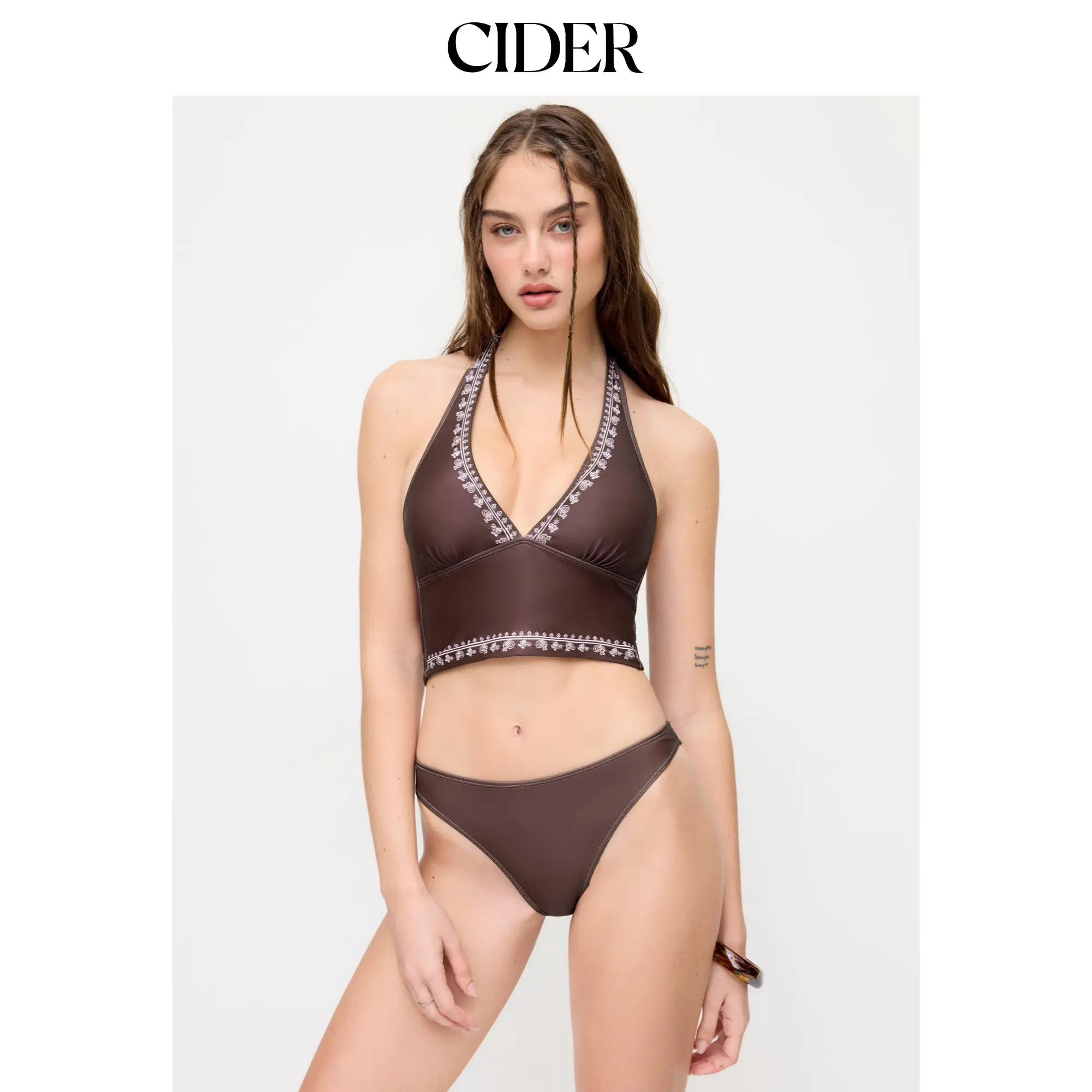 Cider High Stretch Aztec Halter Neck Tankini & Low Rise Bikini Bottom Bikini Set
