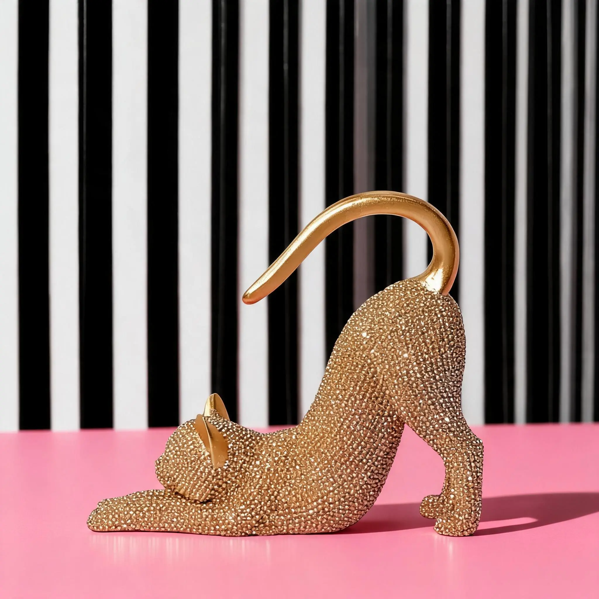 Resin Cat Statue Home Decor, Figurine Decor, Lazy Cat Stretch Sculpture with Sparkling Crystal Desk Ornament, Creative Gift for Cat Lovers, Figurines Decor, Decorative Figurines