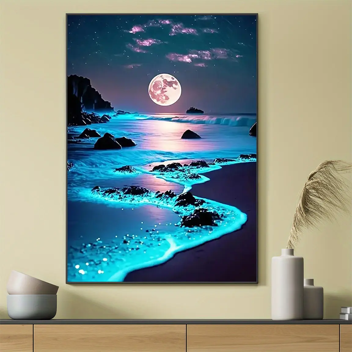 2D Flat, 2D Flat, 1pc Frameless Luminous Moonlit Seascape Canvas Wall Art Poster Ocean Night Scene Print, Glowing Beach Decor for Home, Bedroom, Living Room, Bathroom, Office, Cafe
