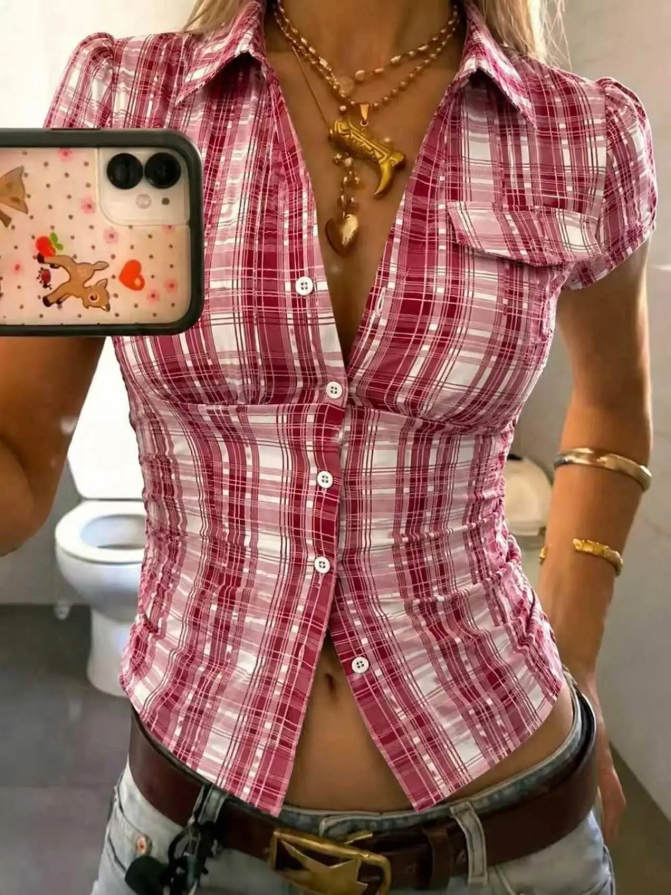 Vintage Wine Plaid Print Collar Short Sleeve Shirt for Women, Classic Check Pattern, Slim Fit, Breathable Fabric, Y2K Style, Casual