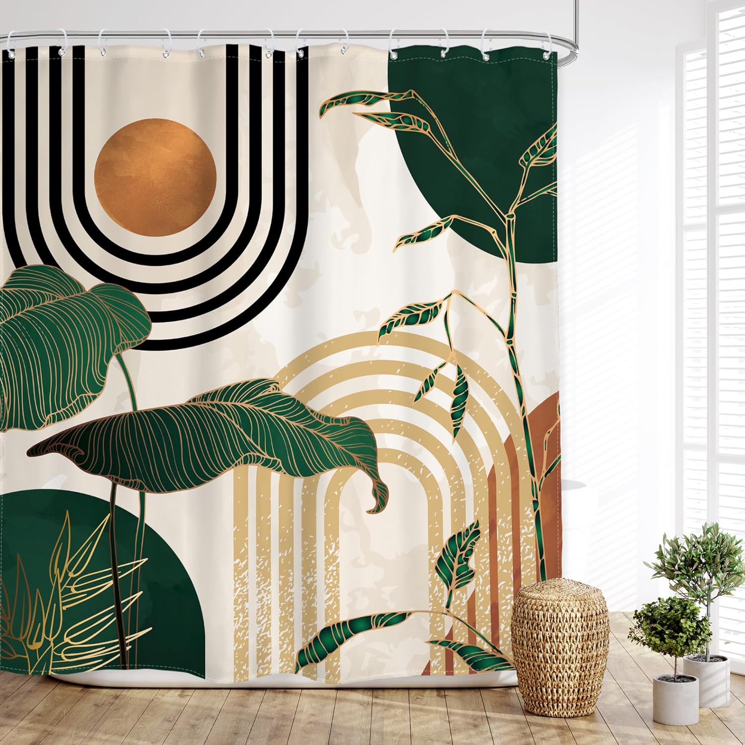 Glawry Green Boho Shower Curtain 72Wx72L Inches, Abstract Retro Mid Century Shower Curtains for Bathroom Decor,Minimalist Tropical Modern Shower Curtain Set Home Decor 12 Pack Hooks