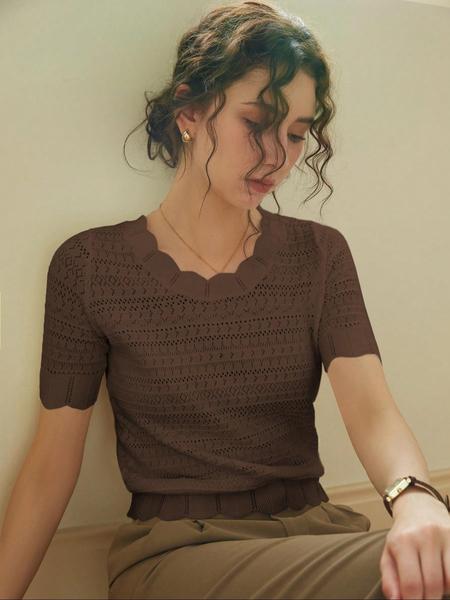 French Style Elegant Slim-Fit Casual Short Sleeve Pullover Knitted Top for Women, Fall & Winter Fashion, Random Pattern Design, Knitwear