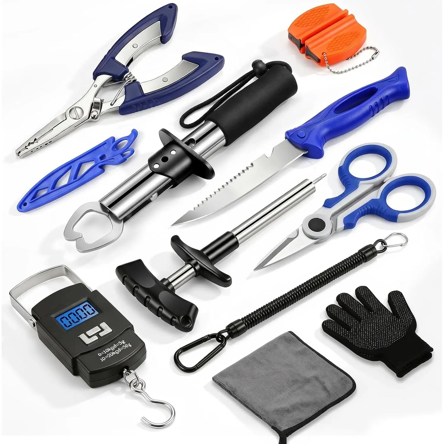 Fishing Supplies Kit - Includes Pliers, Hook Remover, Gripper, Scale, Knife, Saltwater Gear with Sharpeners, Top Male Gift