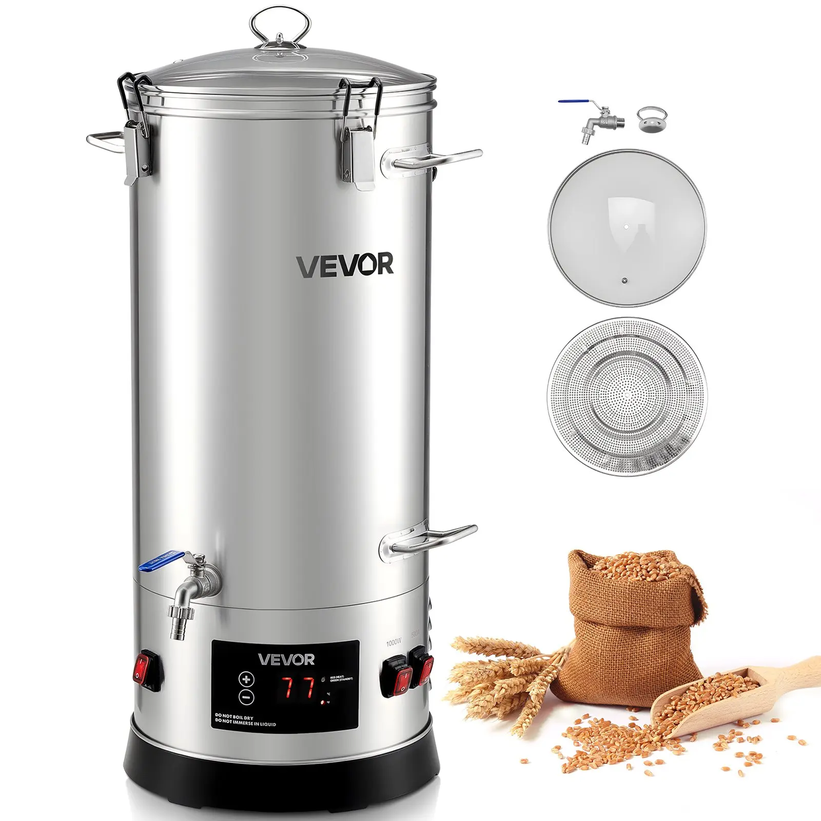 VEVOR Beer Brewing Equipment, 8 Gal/30L 304 Stainless Steel Home Beer Brewer, 1500W All-in-One Home Brewing Kit with Tall strainer, Integrated Inner Barrel Reinforced Handle