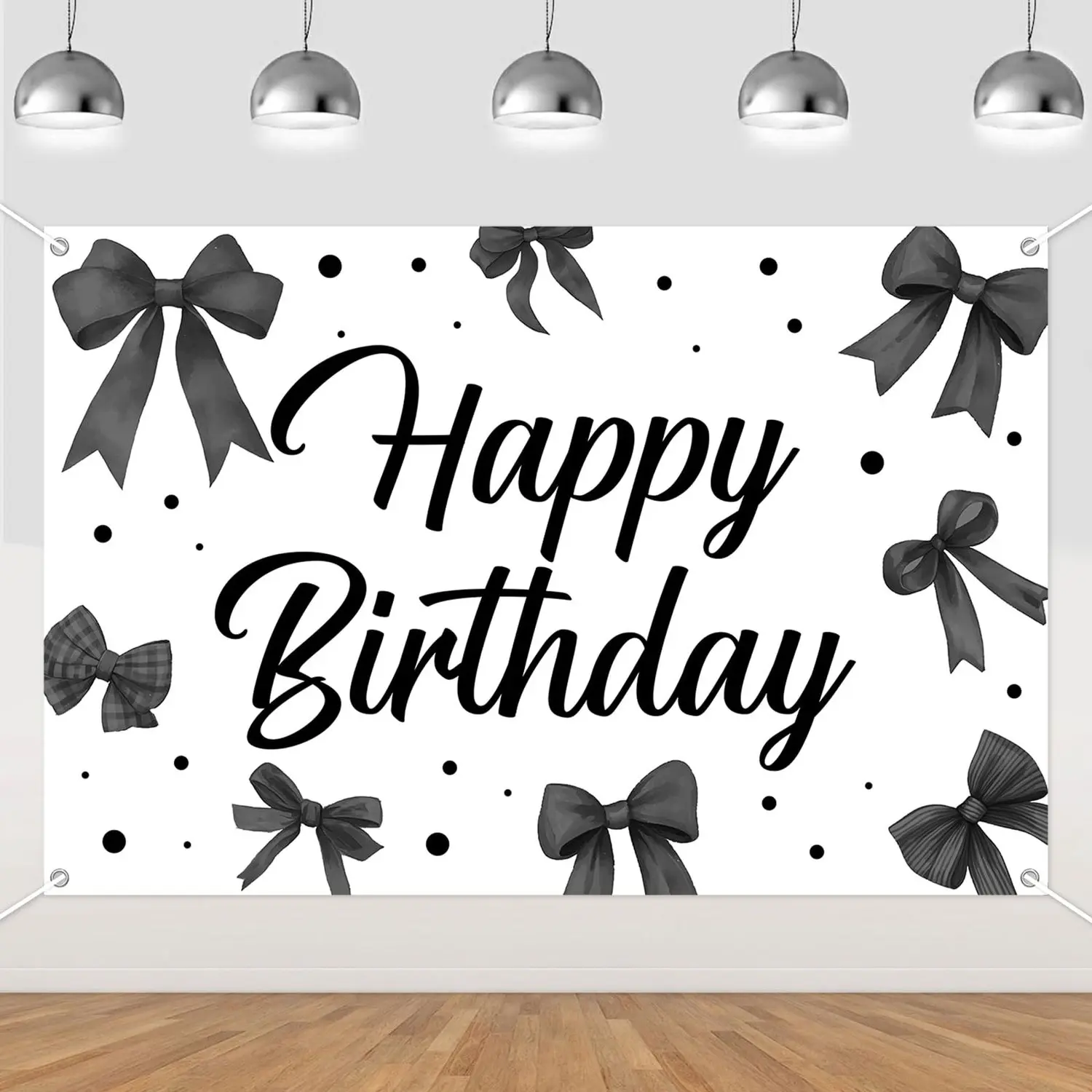 1Set Black Bow Happy Birthday Backdrop Coquette Birthday Decorations Black White Bowknot Background Cloth Black Bow Decorations for Girls Women Bow Birthdays Party Decors Photo Booth Props Supplies 5 3ft