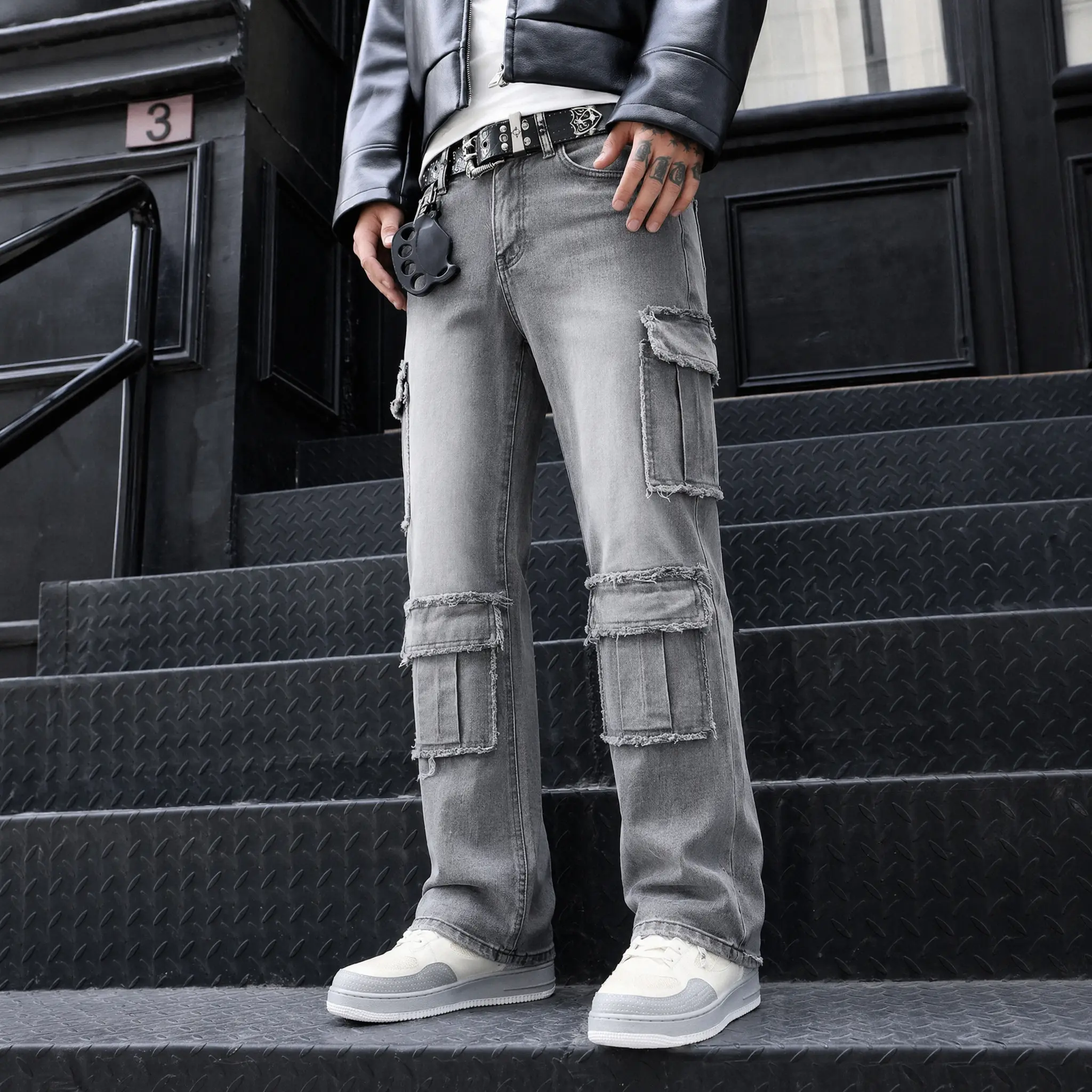 Vintage Washed Grey Cargo Denim Jeans Regular Fit Straight Leg Pants for Men Women Y2K Streetwear Multi Pocket Utility Trousers Hip Hop Casual Fashion Distressed Panel Design Urban Style Everyday Outfit