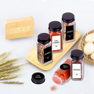25 Spice Jars with 547 Labels- Glass Spice Jars with Black Metal Caps, 4oz Empty Spice Containers with Shaker Lids, Funnel, Chalk Pen, Square Seasoning Bottles for Spice Rack, Drawer, Cabinet