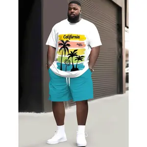 Unisex Plus-Size Casual 2pcs Set Featuring 3D Digital Print Design, Stylish Short-Sleeve T-Shirt And Shorts for Outdoor Sports, a Everyday Outfit Suitable for Men at Home Or Out, Plus Size