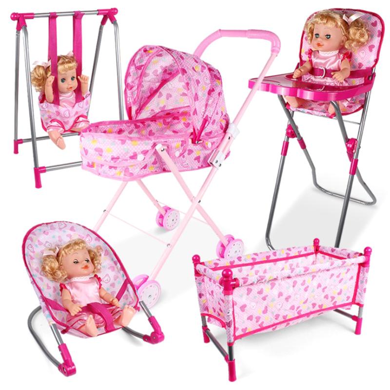 Simulation Doll Stroller Set Pink Baby Stroller Pretend Play Toys Rocking Chairs Swing Bed Dining Chair Doll House Accessories