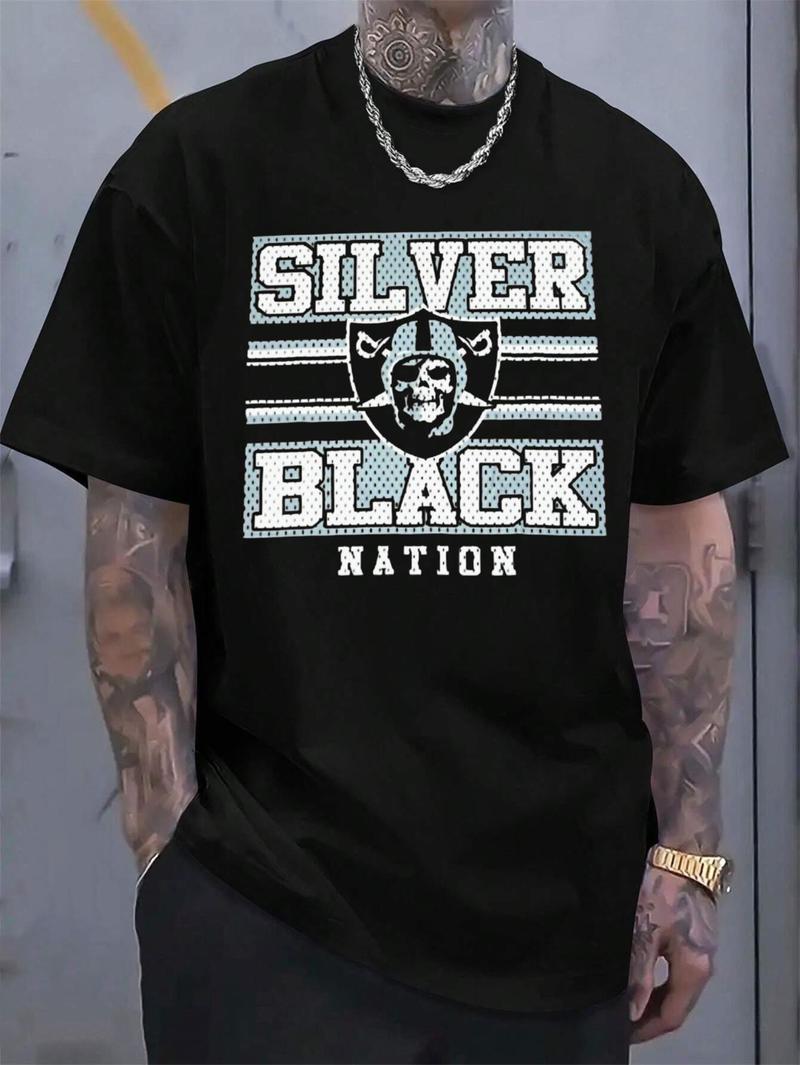 Men's Large Silver Black Raiders T-Shirt 100 Cotton Casual Crew Neck Graphic Tee Stretchy Fabric for Men Fashion Streetwear Men's Large Silver Black Raiders T-Shirt 100 Cotton Casual Crew Neck Graphic Tee Stretchy Fabric for Men Fashion Streetwear