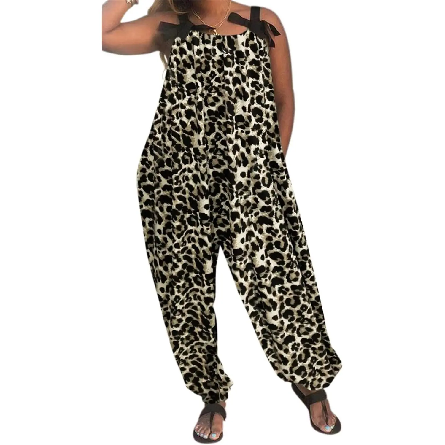 Wonens Plus Size Overalls Spaghetti Strap Baggy Romper Harem Wide Leg Jumpsuit With Pockets