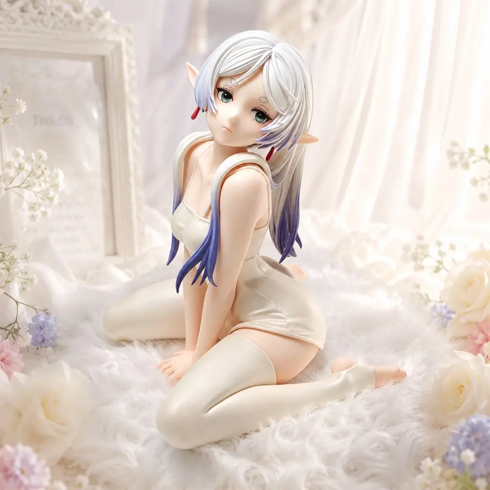 Frieren Sleepwear Figurine, Elf Girl with Pearl Nightgown, Plush Base, 15cm, Detailed Eyes, Perfect for Fans and Desk Decor, Desktop Decor Figures