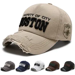 Unisex Vintage Distressed Frayed Brim Baseball Cap Boston Letter Embroidery Casual Outdoor Sun Visor Hat