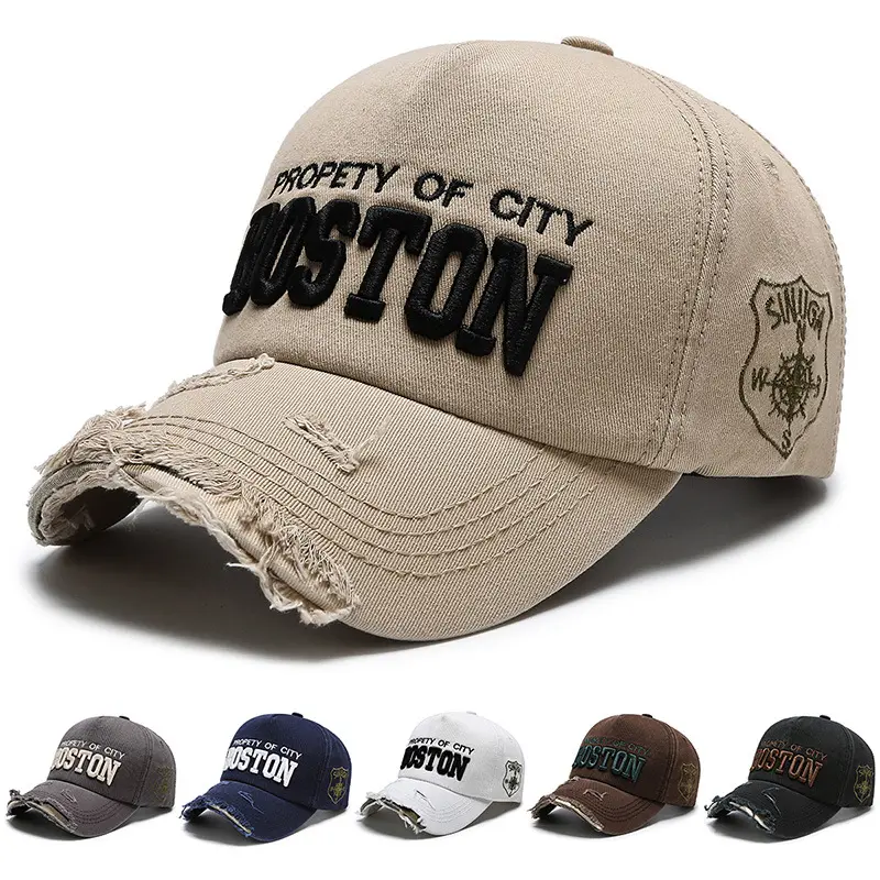 Adults' Unisex Vintage Distressed Frayed Brim Baseball Cap - Boston Letter Embroidery, Sun Visor, Casual Sports & Outdoor Hats, Letters Sports & Outdoor Hats