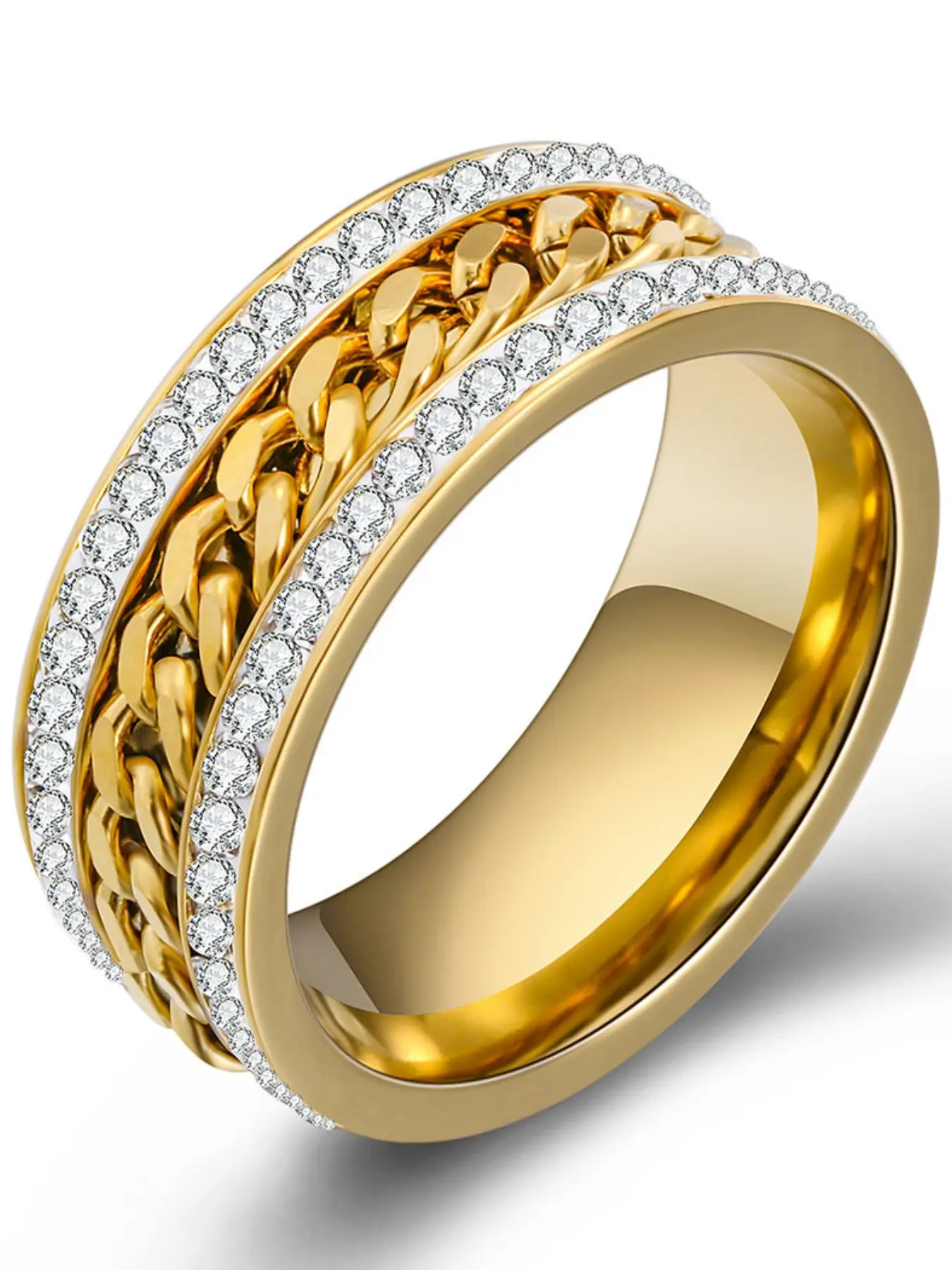 Trendy 7mm Two-Row Diamond Braided Stainless Steel Ring, Fashionable Personality Jewelry, Unique Design