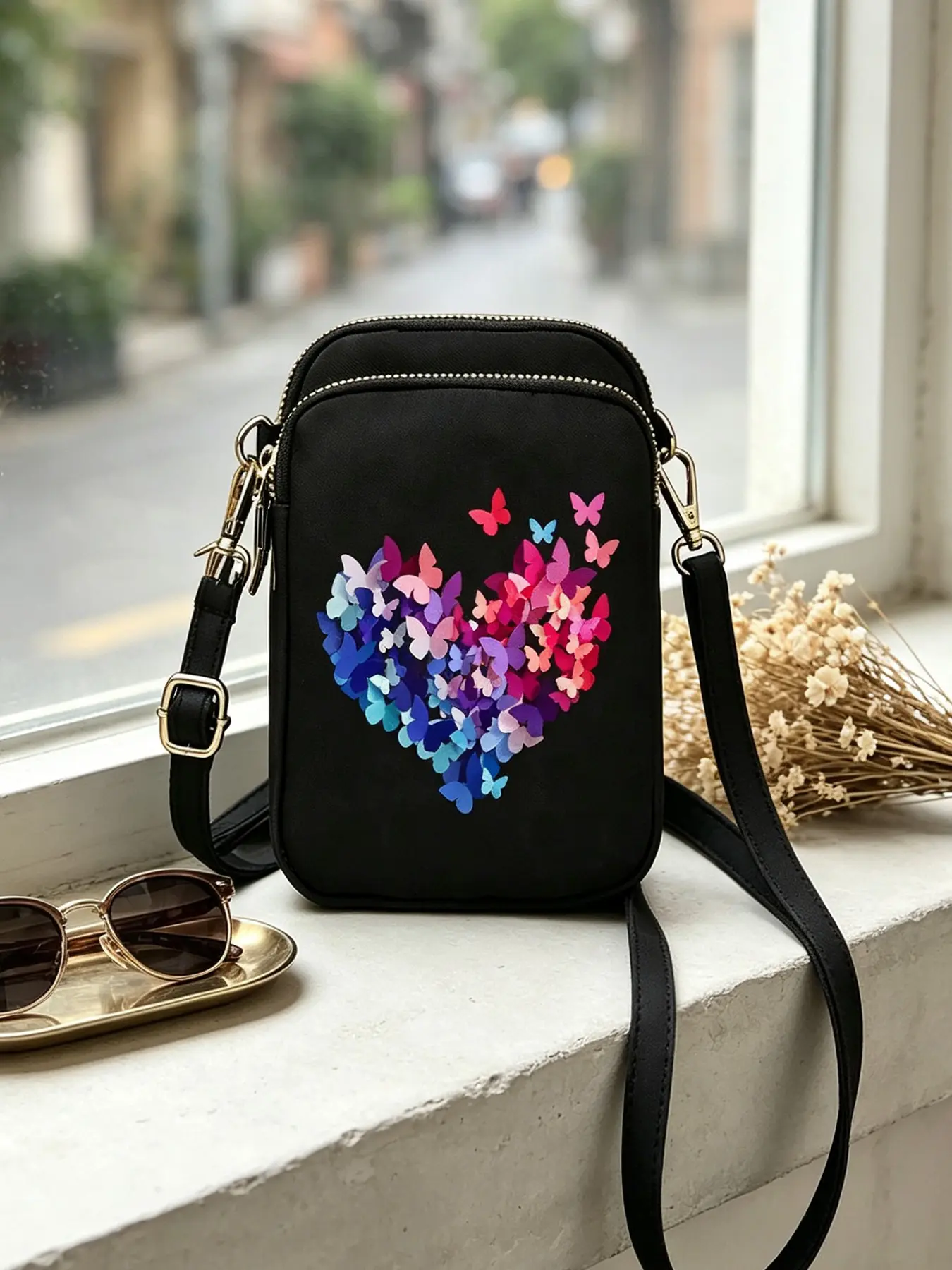 Fashion Butterfly Heart Print Crossbody Bag, Small Oxford Fabric Multi-Pocket Shoulder Bag, Zipper, Adjustable Strap, Coin Pouch, Earphone Jack