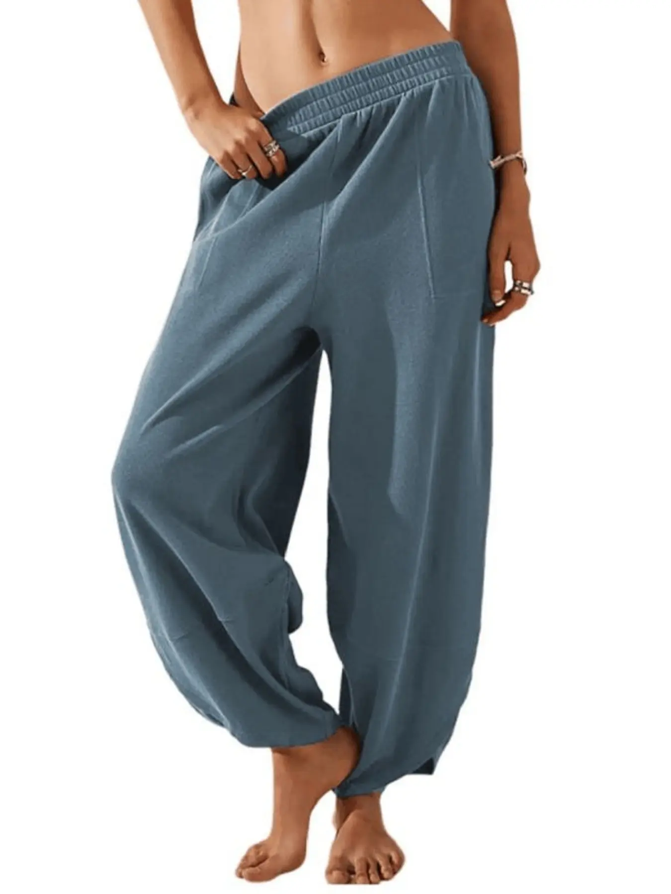 Women Elastic High Waist Harem Jogger Pants, Loose Baggy Tapered Ankle Cuff, Side Pockets, Soft Casual Loungewear, Yoga Trousers