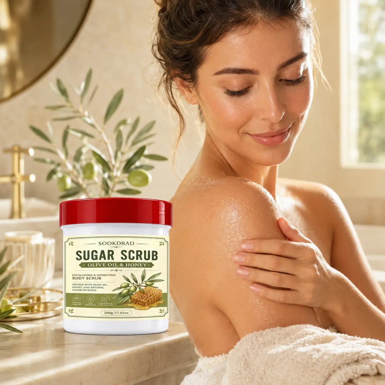 Sugar Scrub, Olive Oil & Honey, Body Exfoliant, Exfoliate Dead Skin, Deep Hydration, Nourish Soften Skin, All Skin Types, Daily Skincare, 500g/17.65oz