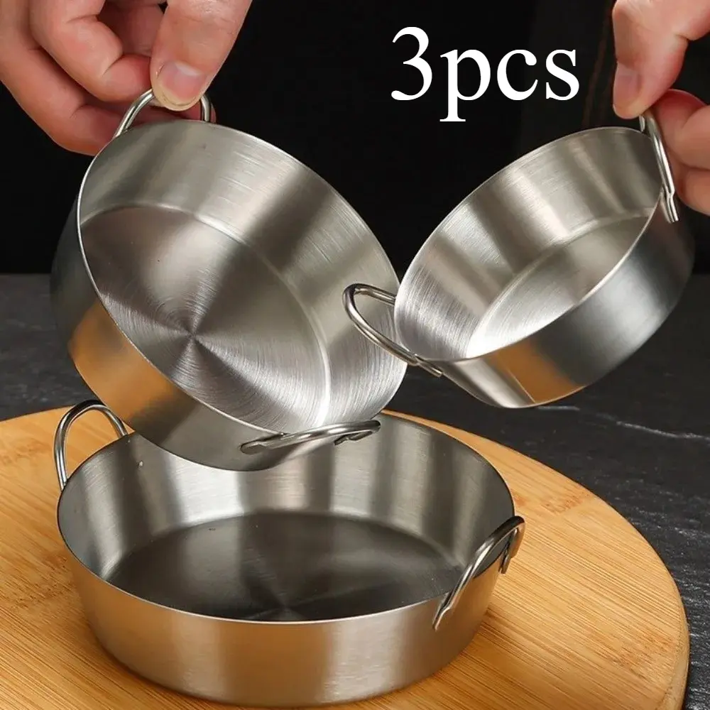 3pcs 304 Stainless Steel Two-Ear Snack Dish Non-Stick Multifunctional Seasoning Cup Round Dual Handle Bowl Kitchen Use Tableware