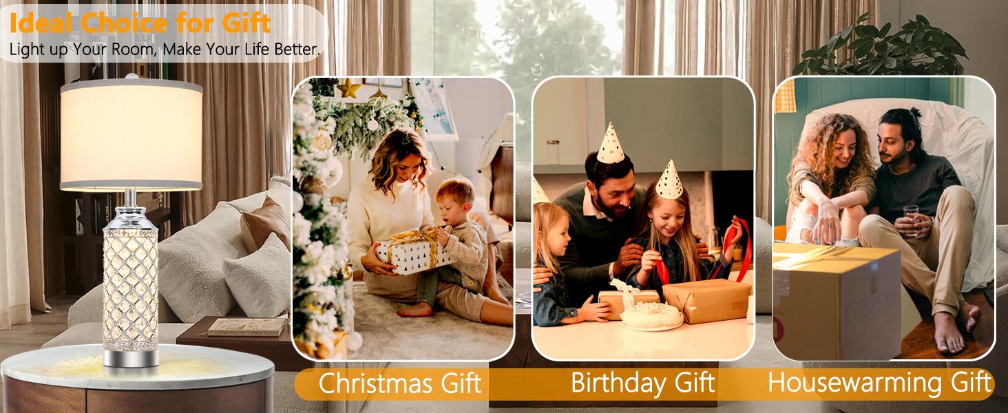 Table Lamps Set of 2 with LED Night Light, Nightstand Lamps with USB A+C Charging Ports, 24 inch Silver Crystal Bedside Lamps for Livingroom, Office, Study Room, Guest Room