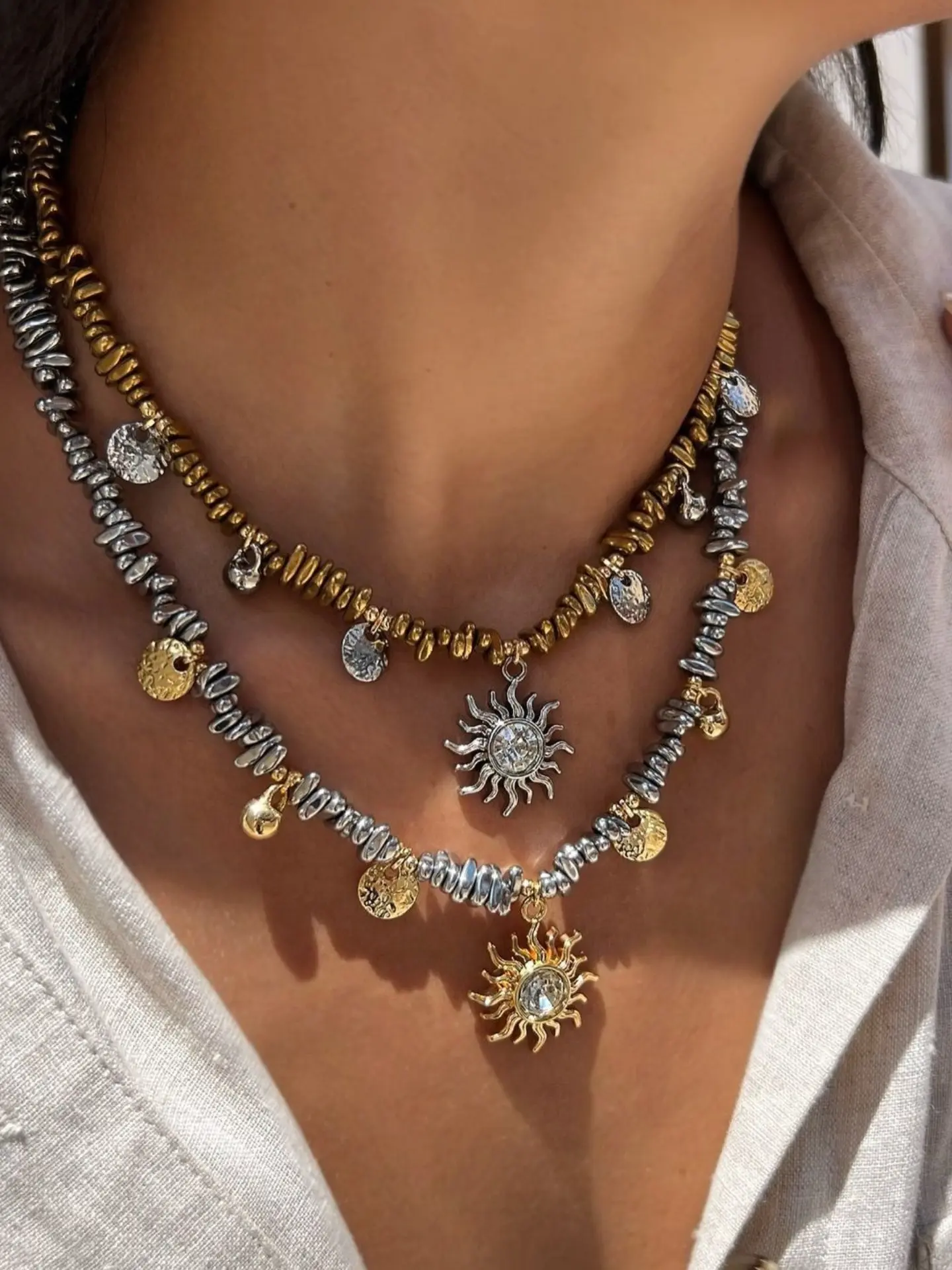 Elegant Sunflower Pendant Geometric Design Beaded Chain Necklace, Boho Style Layered Necklace, Perfect for Daily Wear and Gifting