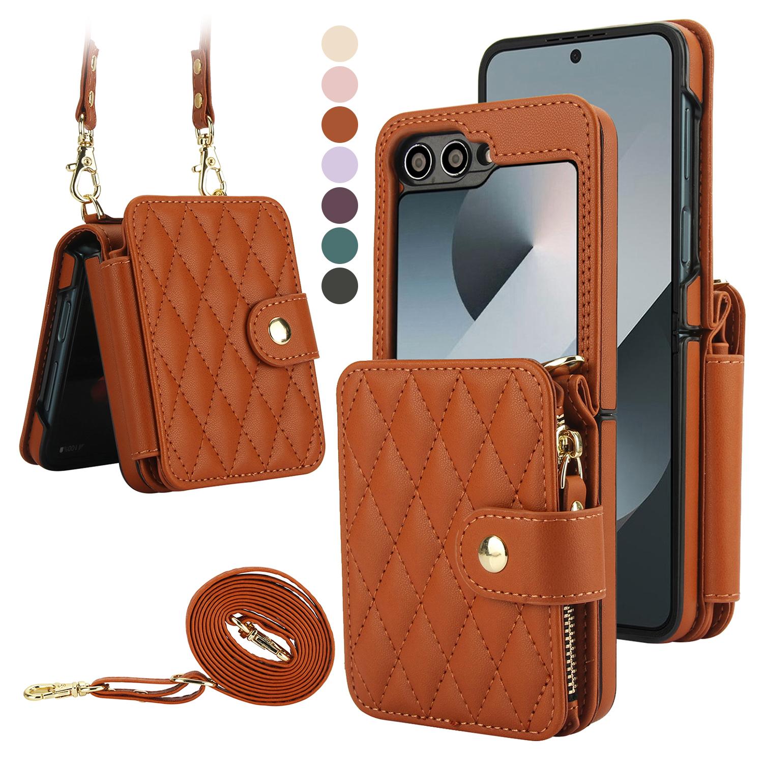 [FREE!SHIP] for Samsung Galaxy Z Flip 6/5/4/3 5G Wallet Case Built-in Crossbody PU Leather Cash Slot Zipper Purse with Credit Card Slot Holder Carrying Handbag Stand Phone Case Hinge Protection Adjustable Lanyard Detachable Strap Wrist for Women Ladies