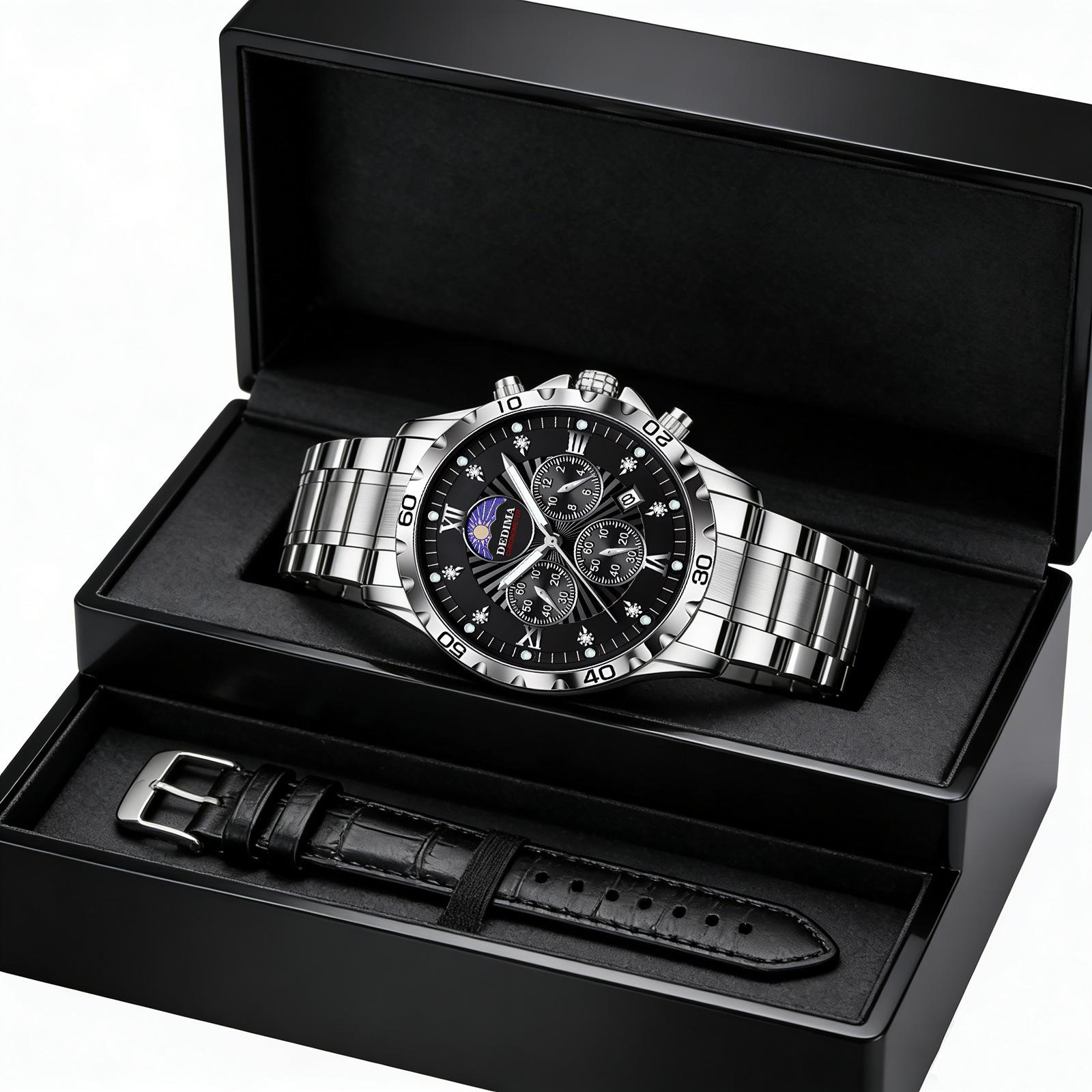 Men's Quartz Watch PE903 Movement 42mm Dial Luminous Display Calendar Moon Phase 30M Waterproof Stainless Steel Strap Business Style Hot-Selling Item