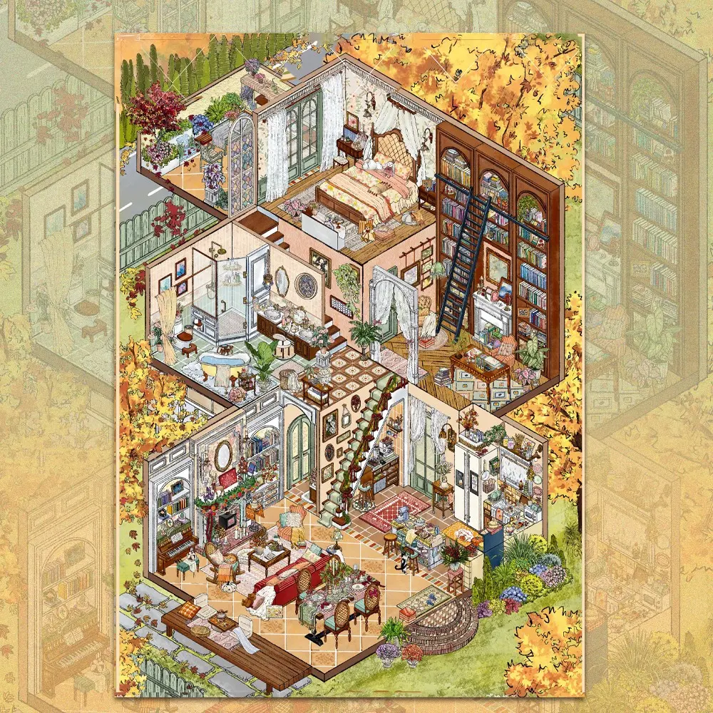 Autumn Apartment Scenery Stickers, Layered Sticker Sheets, Stackable Furniture, Seasonal Florals, Warm Textures, Junk Journals, Planners, Scrapbooks