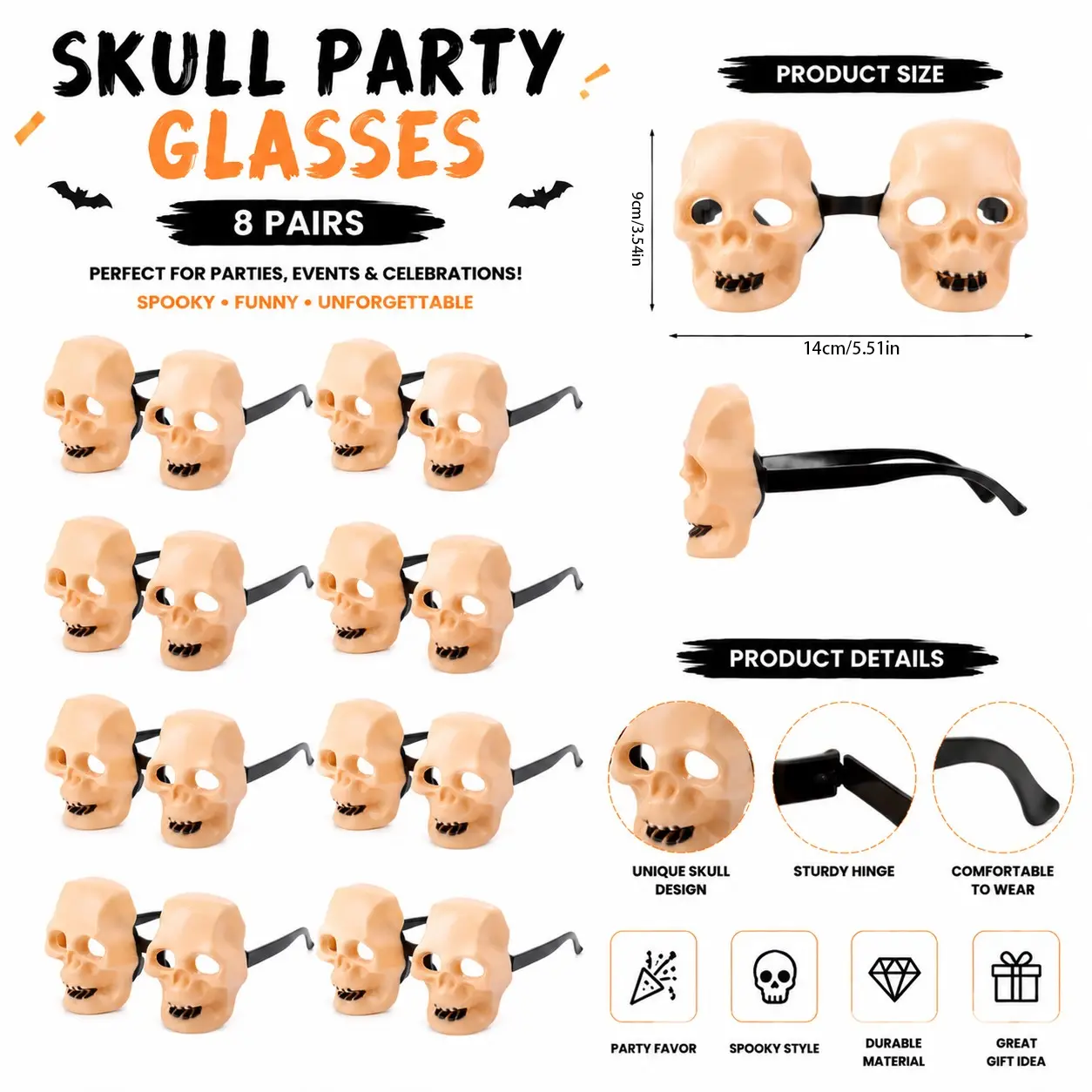 8 Pcs Halloween Skull Party Glasses, Funny Skull Head Costume Eyewear, Halloween Photo Props, Halloween Theme Party Gift