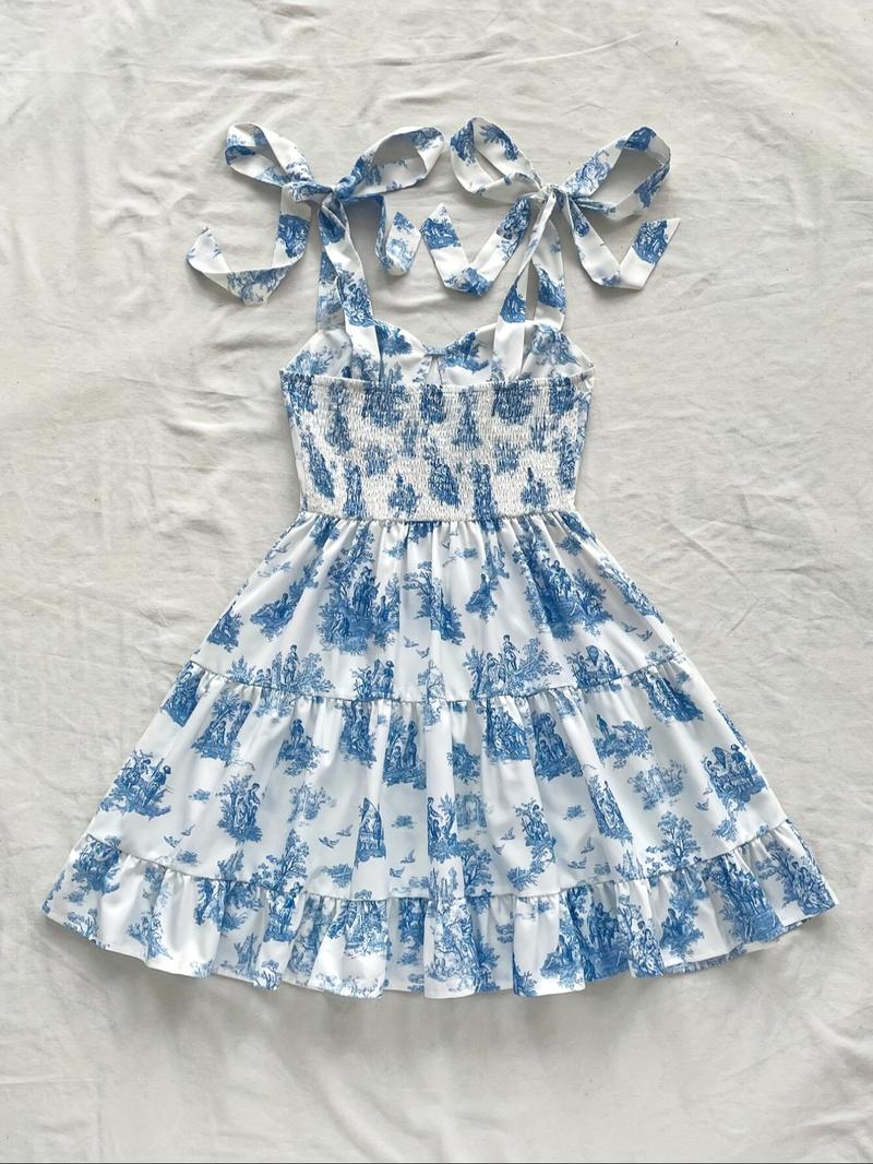 Women's Ditsy Floral Print Tie Shoulder Cami Dress, Elegant Casual Ruffle Trim Sleeveless A Line Dress for Summer, Ladies Clothes for Beach Holiday, Boho Sleeveless Dress