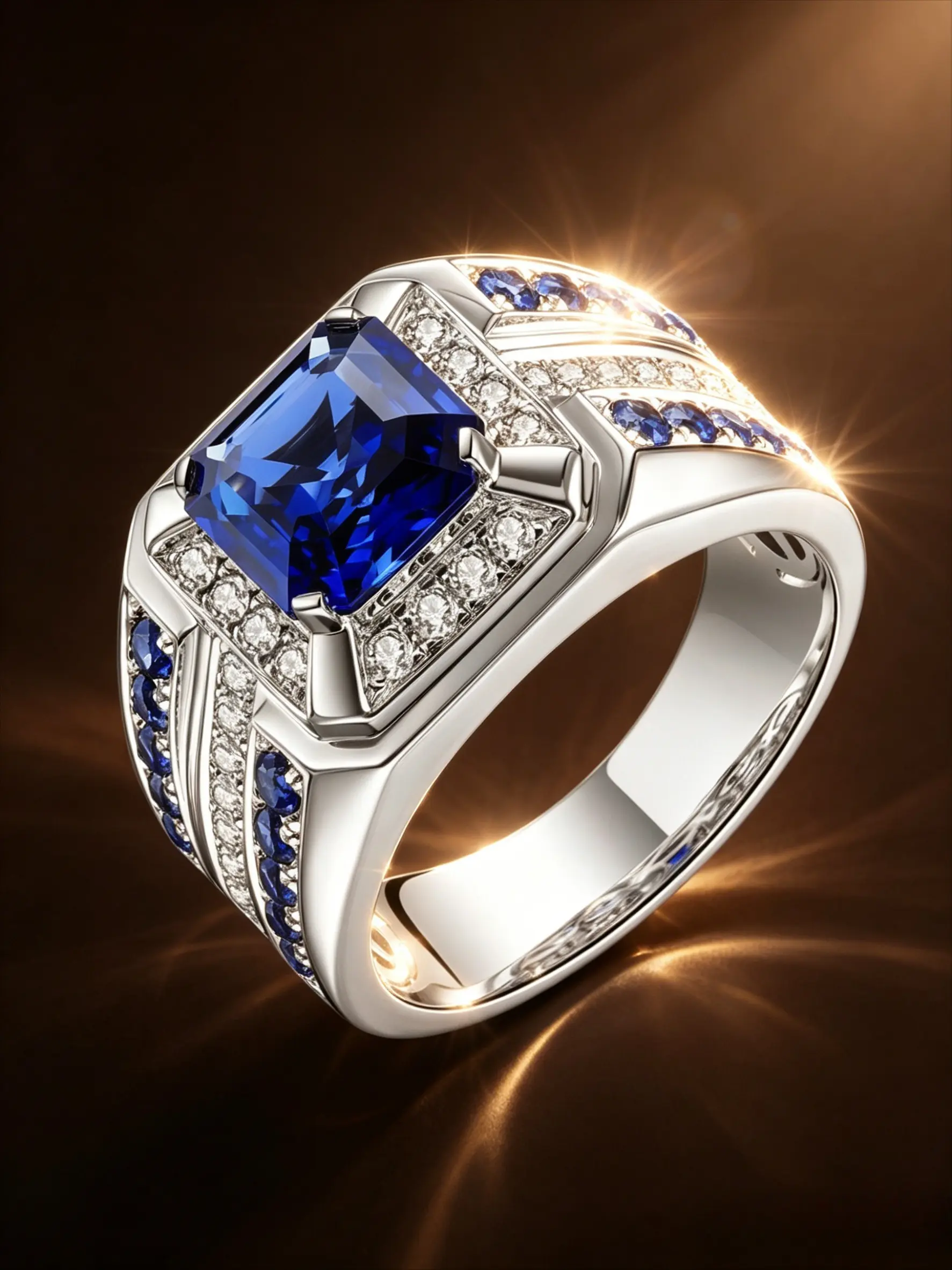 Silver Plated Square Sapphire & Emerald Green CZ Men's Signet Ring, Elegant Ring, Multi-Row White & Color CZ Inlaid Wide Band Luxury Accessory For Wedding, Banquet, Office