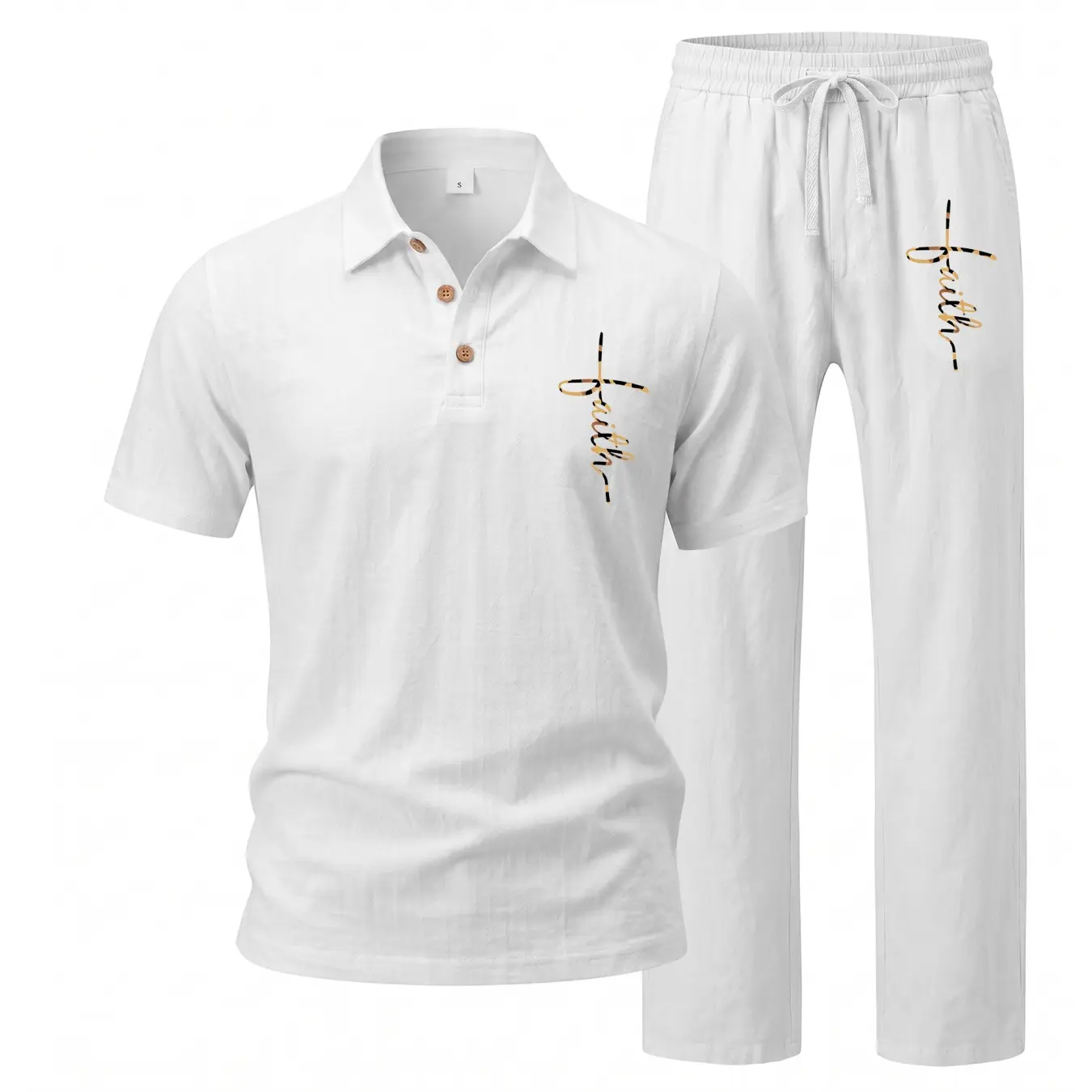 Men’s Linen Blend Two Piece Set, Short Sleeve Polo Shirt and Long Pants Outfit with Faith Graphic Design, Lightweight Casual Matching Set for Summer Vacation, Beach, Travel and Daily Wear.