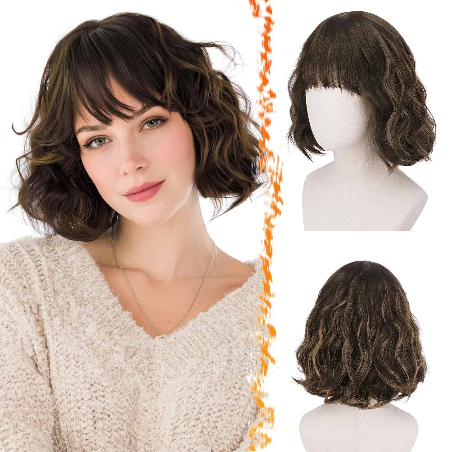 Barsdar Short Wavy Wig with Bangs - Short Wavy Brown Blonde Highlights Wig for Women - Fluffy Soft Synthetic Curly Textured French Bob Wigs with Bangs Natural Looking Face-framing Daily