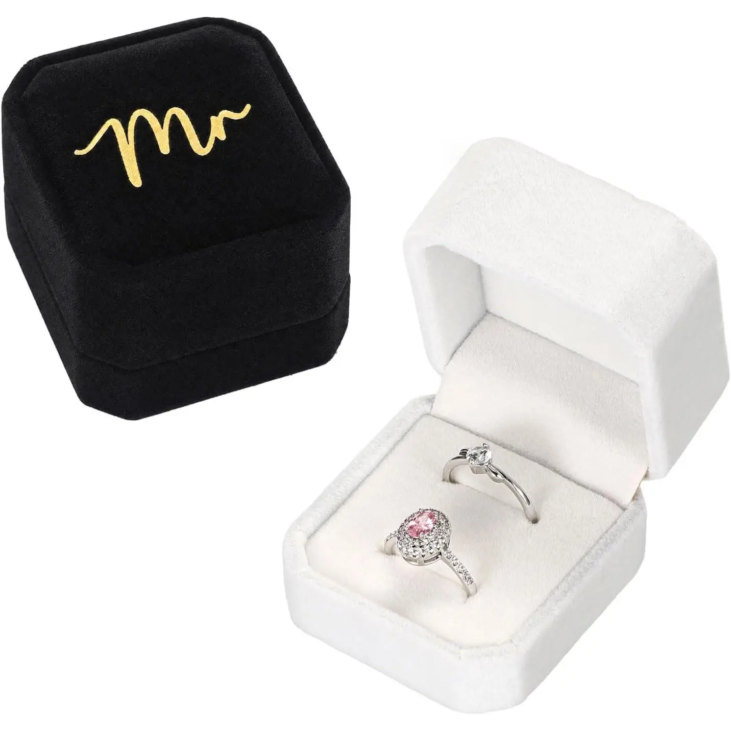 Velvet Ring Box 2 Pack for Wedding Ceremony, Ring Holder with 2 Slots for Engagement Proposal and Bridal Photography