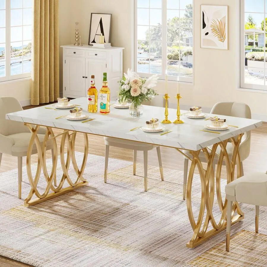 Modern Dining Table For 4-6 People, 63" Large Rectangular Kitchen Table With Faux Marble Tabletop And Gold Geometric Legs, Unique Dinner Table Kitchen & Dining Room Furniture, Decor Home Furniture, White And Gold