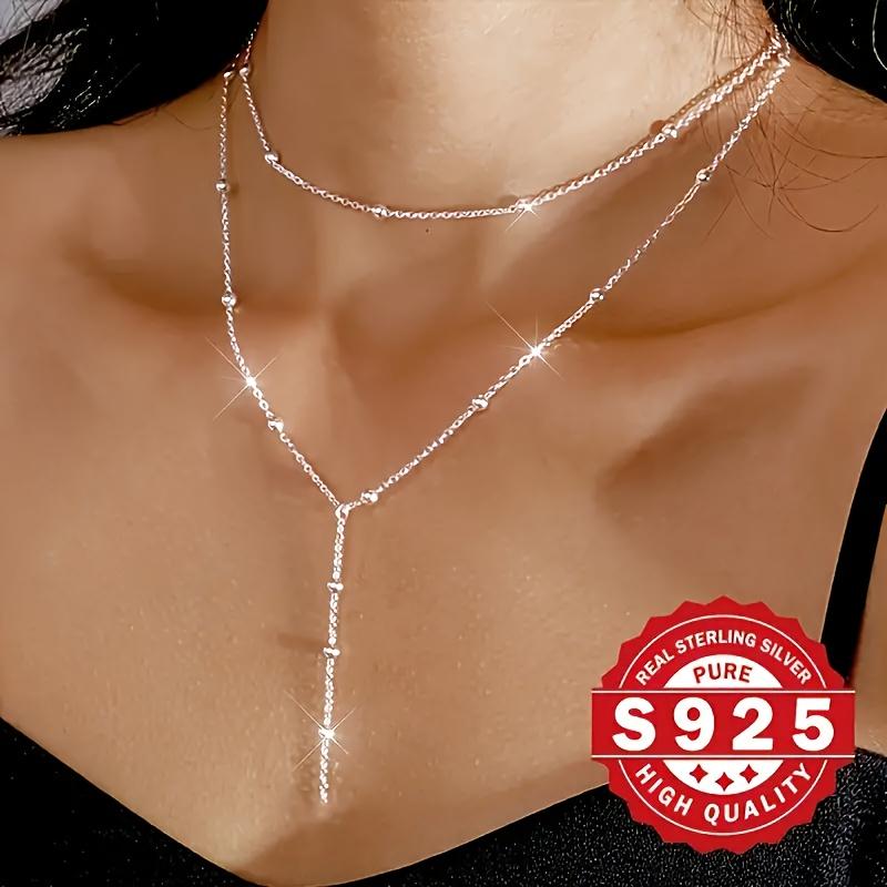 925 Sterling Silver Beaded Y-Shaped Chain Necklace, Multi-Functional Layered Design, Low Allergenic, Bohemian Style, Elegant Charm for Women