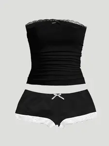 Women's Sweet Style Crop Top & Short Pants Set, Slim-Fitting Ruched Strapless Top, Colorblock Trimmed Shorts, Comfortable Innerwear