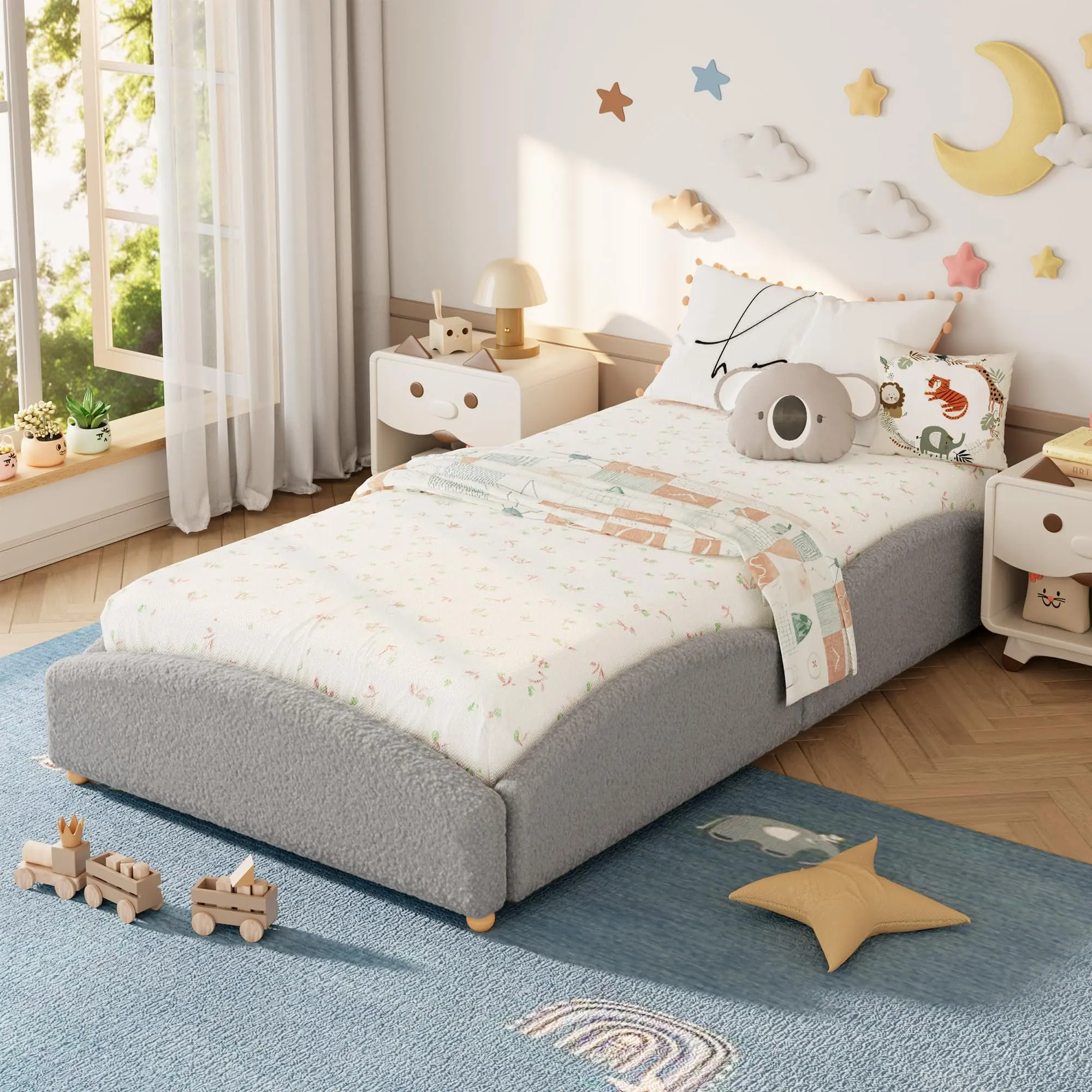 Twin Size Upholstered Cloud Floor Bed, Low Profile Daybed Frame with Raised Sides, Soft Plush Fabric Platform Bed, Mattress Security, Pink