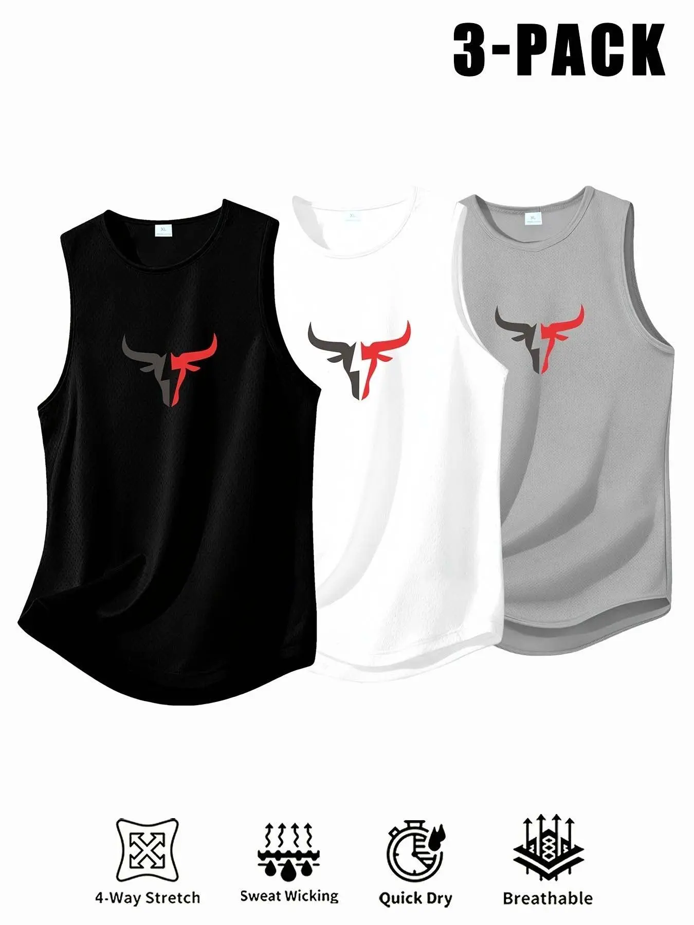 3-Pack Men's Quick-Dry Vest, Bull Print Sleeveless Top, Athletic Tank, Breathable Sports Fitness Shirt, 4 Colors Available, Loose-Fit, All Seasons