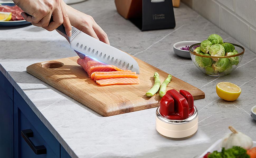 Knife Sharpener| Multi-Angle Pocket & Kitchen Knife Sharpener w/Suction Base| Works with a wide range of knives| Includes Instruction Guide(red)