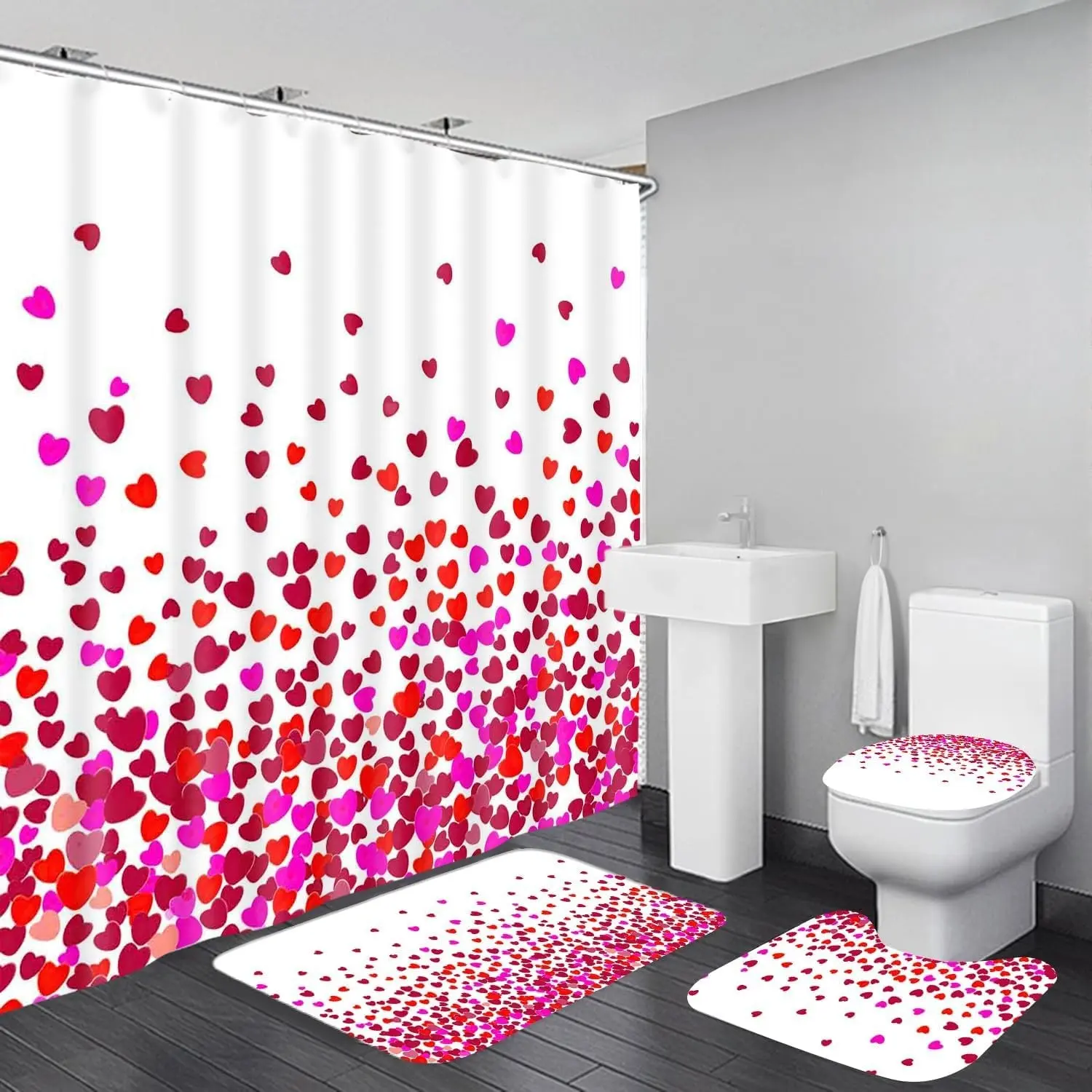 Valentines Shower Curtain Set for Bathroom, 4Pcs Red Pink Heart Valentines ,waterproof shower curtain set featuring a shower curtain, toilet seat cover, bath mat, and U-shaped cover